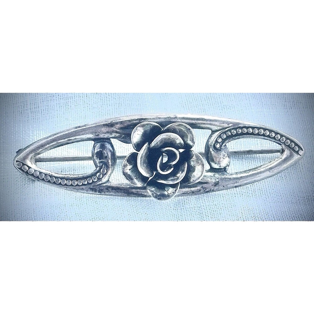 Vintage Sterling  Jewelart Long Bar Brooch Sculptural Rose Floral Mid Century